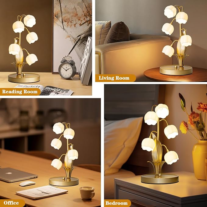 WERFOP Vintage Lily of the Valley Flower Table Lamp | 3 Color Adjustable LED Bedside Lamp, Cute Night Light for Bedroom, Living Room, Dorm Room, Office & Home Decor (Gold)