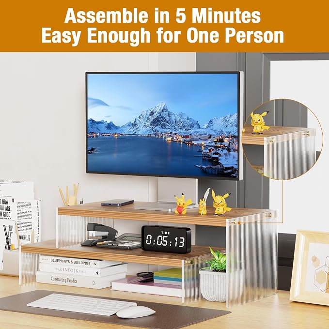 YGYQZ Adjustable Monitor Stand Riser, 7.67"×15.74" Dual Monitor Desk Stand | Adjustable Monitor Riser, Expandable Desk Organizer, 2-Tier Storage, Acrylic Legs, Ergonomic Workspace, Wood Wavy