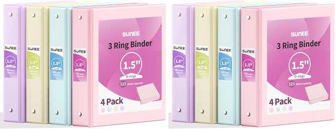 SUNEE 1.5 Inch Binders 3 Ring 8 Pack, Clear View 1 1/2 Inch Binders Three Ring PVC-Free (Fit 8.5x11 Inches) for School or Office Supplies, Assorted Pastel