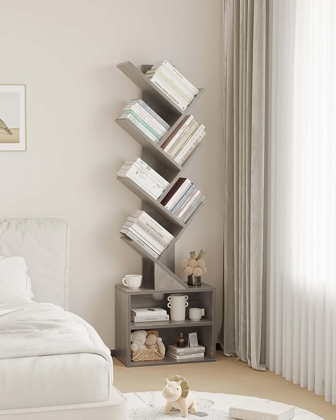 SUNMORY 6 Tier Tree Bookshelf, Tall Small Bookcase with Storage Cabinet | Modern Narrow Bookshelves Organizer, Floor Standing Book Case Shelf for Bedroom Living Room Home Office Corner, Grey