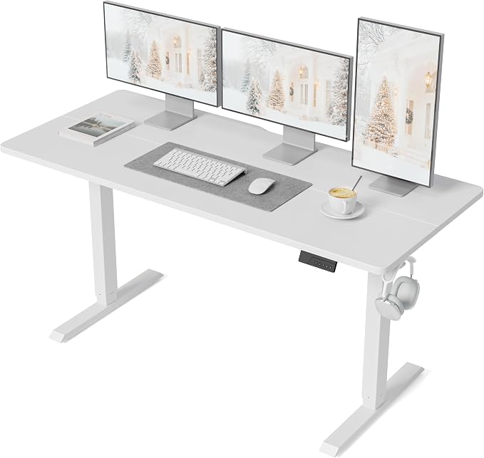 DESINO Standing Desk, 63 × 28 Inches Electric Height Adjustable, Sit and Stand Up, Computer Office Desk with Splice Board, White Frame/White TOP