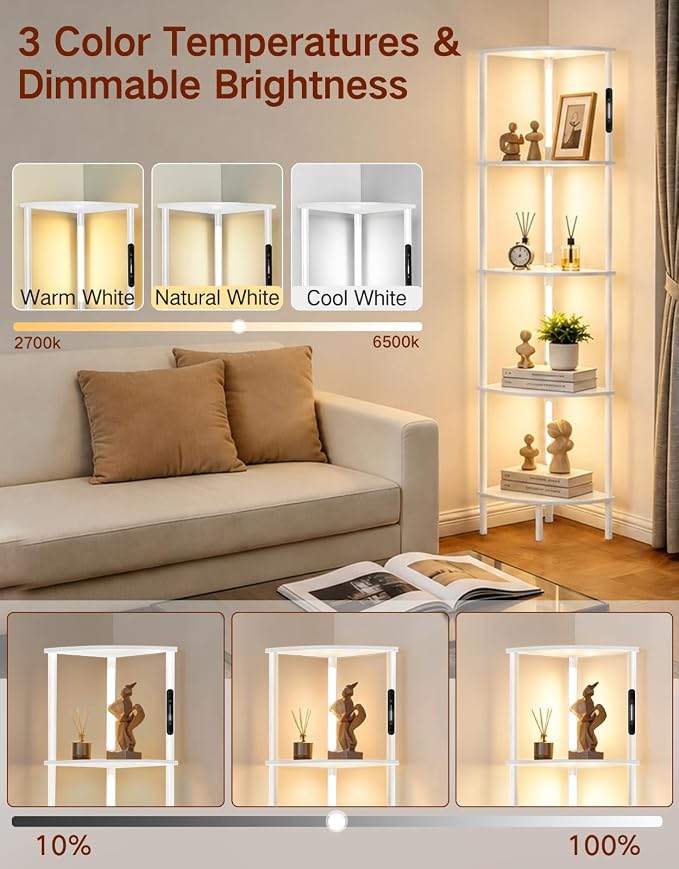5-Tier Corner Bookshelf with LED Lights, Touch & Remote Control, 3 Color Temperatures, Dimmable Narrow Display Shelf with 1-Hour Timer for Living Room, Bedroom, Office(White)