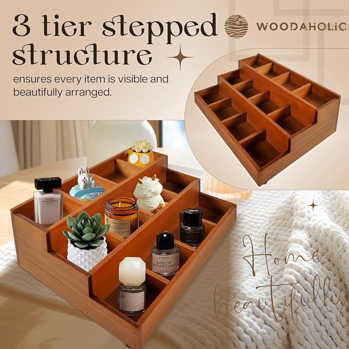 Wood 3-Tier Riser Stand Display Organizer – Versatile Tiered Desktop Shelf for Collectibles, Plants, Candles or Stationery – Stackable & Freestanding Wooden Storage Rack for Home or Office