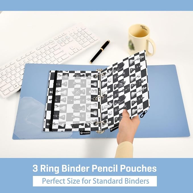 Chess Checkered Plaid Pencil Pouch for 3 Ring Binder, 2 Pack Waterproof Pencil Bags Clear Window Zipper School Office Supplies