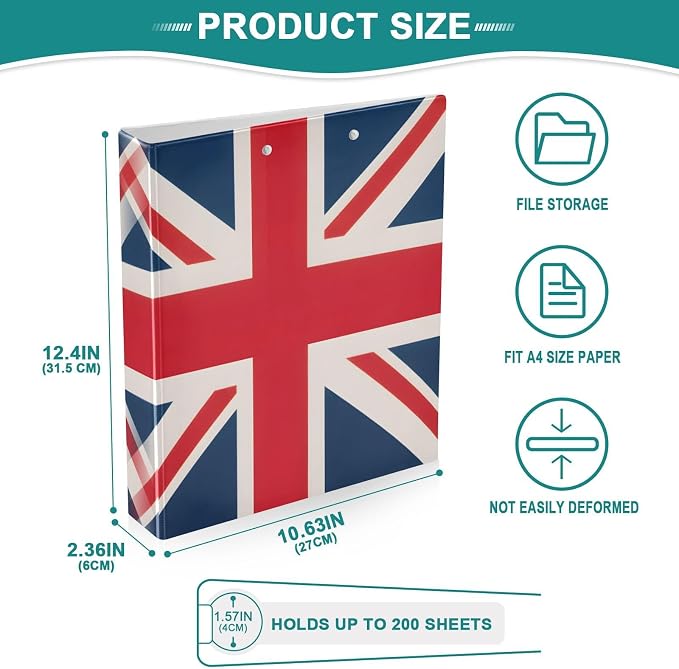 ALAZA 3 Ring Binder British Flag Clipboard Round Ring Binder Holds 1.5 Inch Three Ring Binder Heavy Duty Ring Binders for Office Supplies, 1Pack