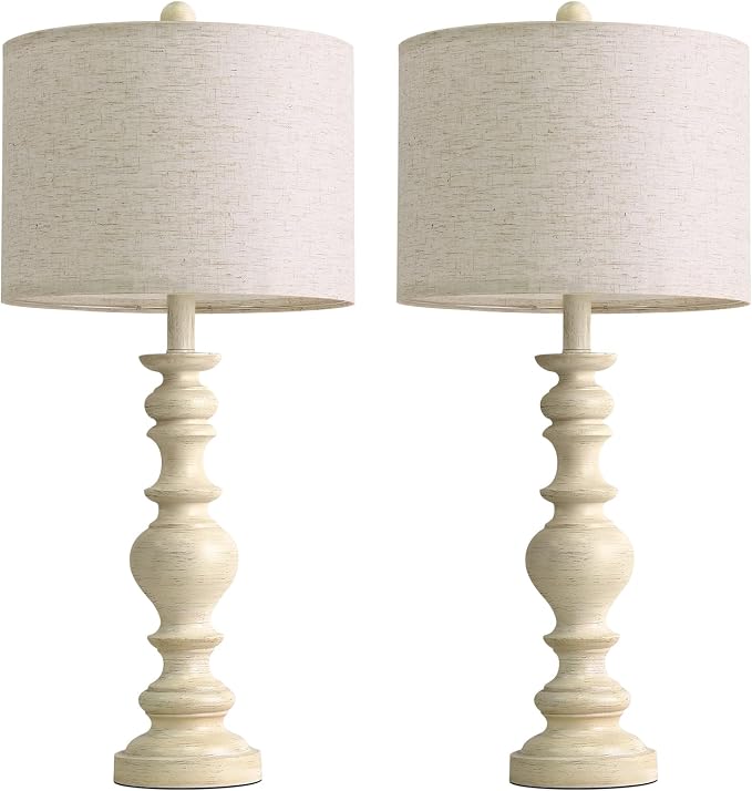 BOBOMOMO 27" Antique White Table Lamps Set of 2, Large Vintage Resin Lamps with Linen Shades, Farmhouse White Lamps for Bedroom, Living Room, or Console Table Elegant Home Décor