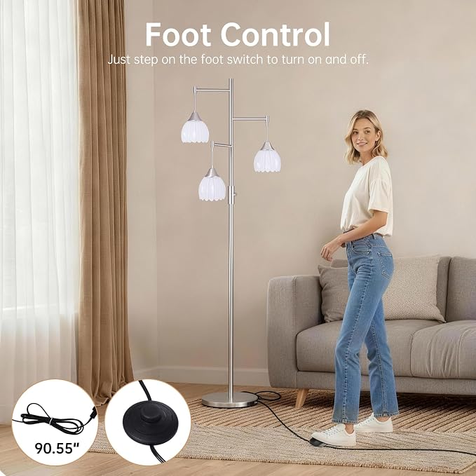 Shenmoyl Stepless Dimming Floor Lamps for Living Room, Bedroom, Nickel Standing Lamp with 3pcs 6W Bulbs, Vintage Floor Lamp for Corner, Nursery (White Tulip)