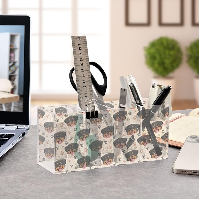 Rottweiler Dog Paw Print Acrylic Pencil Pen Holder Desk Accessories Holder, Cosmetic Brush Organizer Modern Design Desktop Stationery Organizer for Office School and Home 7.87 x 2.48 x 3.54 In