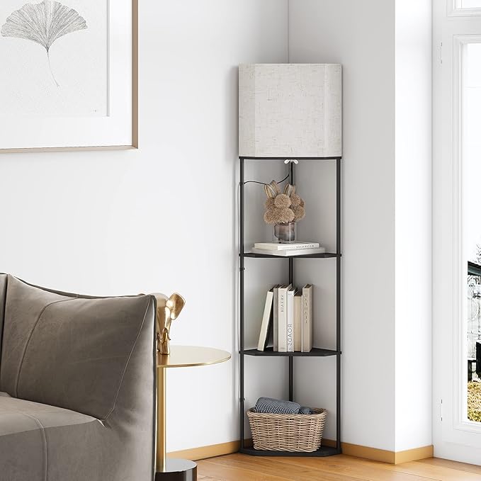SUNMORY Sector Corner Shelf Lamp 3 Color Temperatures LED Bulb,Corner Lamps with Linen Lampshade, Floor Lamps for Living Room, Bedroom, Study, Black Standing Lamp with Shelves | 3 CCT LED Bulb Include, 4-Tier Display Bookshelf, 63" Tall Standing Lamp, ...