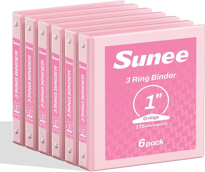 SUNEE 1 Inch Binders 3 Ring 6 Pack, Clear View Three Ring Binder PVC-Free (Fit 8.5x11 Inches) for School or Office Supplies, Pink
