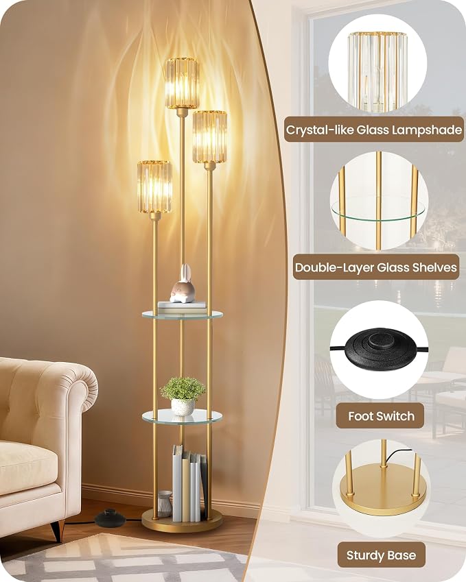 Gold Floor Lamp with Shelves, Modern Floor Lamp with 3 Crystal Shades and Foot Switch, 3-Light Standing Lamp with 3 Shelves, for Living Room, Bedroom, Study, Office, Gold D53LD05