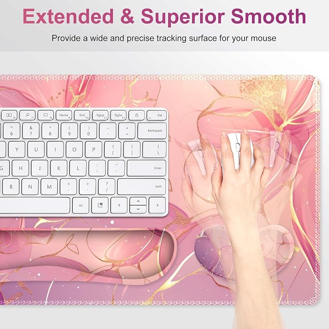 Desk Mat Pad, Gaming Mouse Pad Wrist Support Set, 4 in1 Non-Slip Large Mousepad + Ergonomic Keyboard Wrist Rest+Mouse Wrist Rest+Coaster for Home Office Computer I Pink Purple Gold Floral