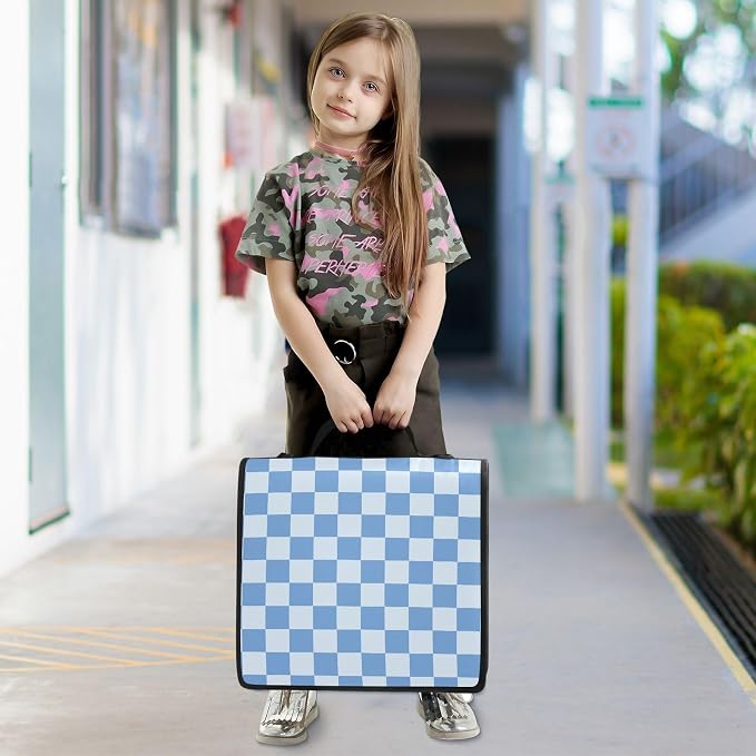 3 Ring Zipper Binder with Shoulder Strap Blue Checkered White Buffalo Plaid 1.5 inch Binders Keeper Large Capacity Multi Pockets for School Office Supplies