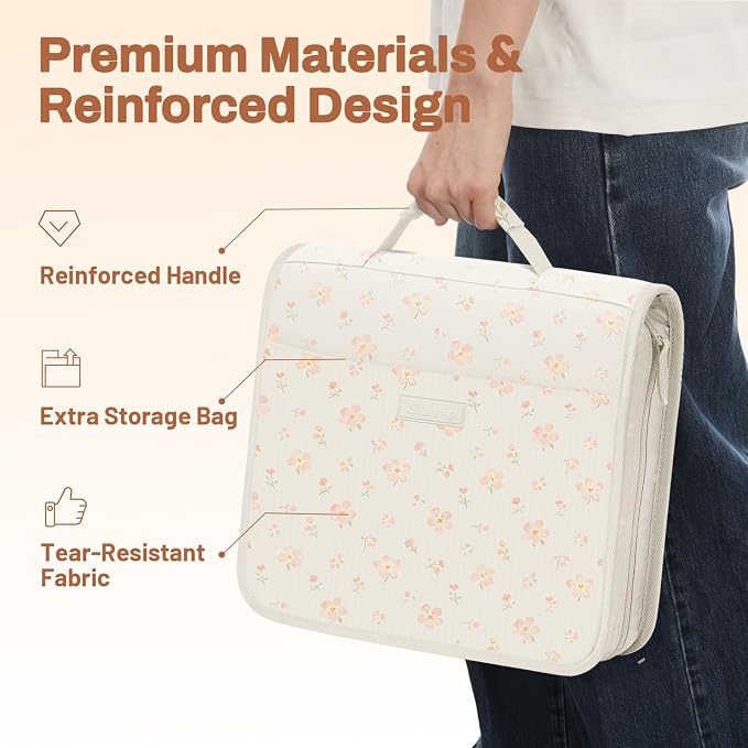 Zipper Binder with Handle, 1.5 Inch O-Ring, 325 Pages Capacity, with 5-Tab Expanding File Folder for Classified Storage, for Middle School Students, Pink Little Flower