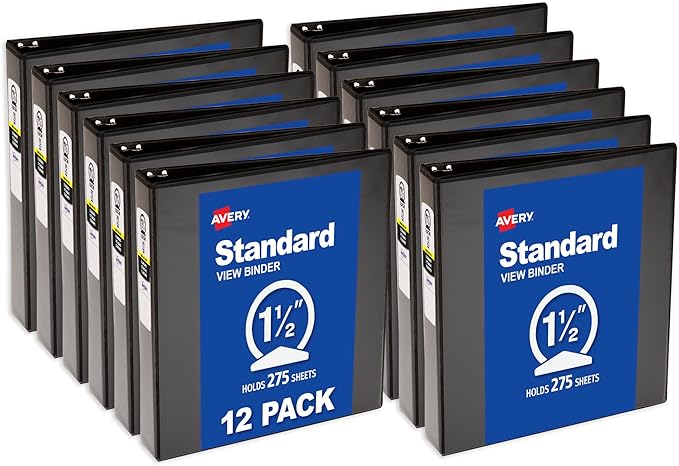 Avery Standard View 3 Ring Binders, 1.5" Round Rings, 275-Sheet Capacity, 2.1 Inch Wide Spine, Black Binders, Ideal for Lightweight Organization and Occasional Referencing (12-Pack of 05725)