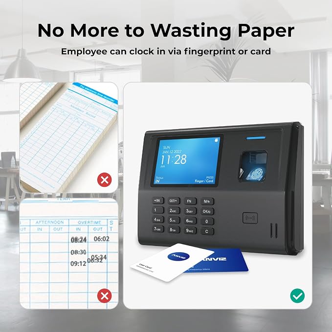 ANVIZ CX3 Fingerprint Time Clocks for Small Business Employees - No Monthly Fee No Software Required - Biometric Clock in and Out Machine - Right Out of The Box, Finger + RFID + Pin Punching