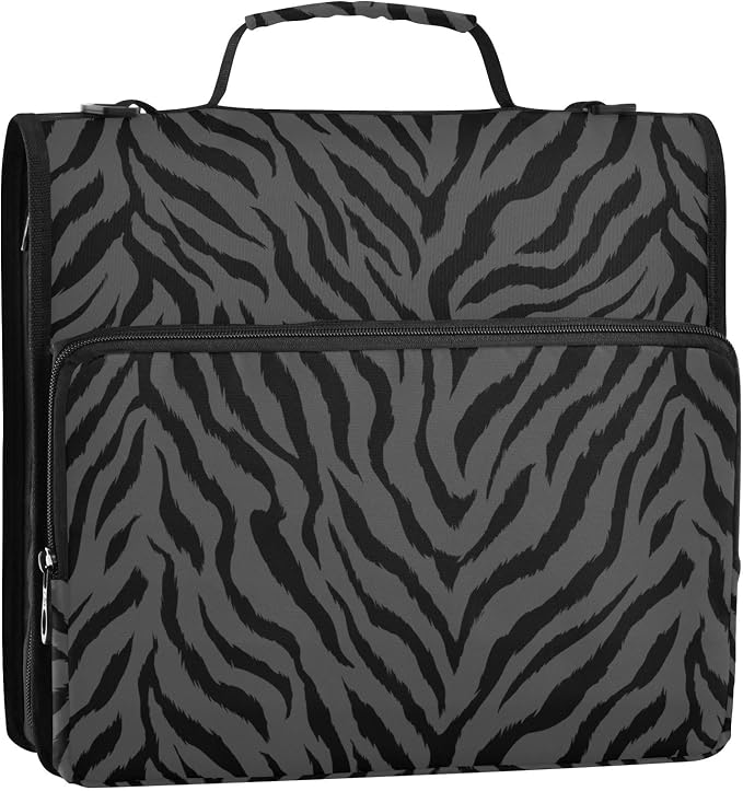 Tiger Print Black 3 Ring Zipper Binder with Shoulder Strap & Handle 1.5 Inch D-Ring Zippered Bag with Pencil Pouch,Multiple Pocket & Expanding File Folder, Binder Organizer for School or Office