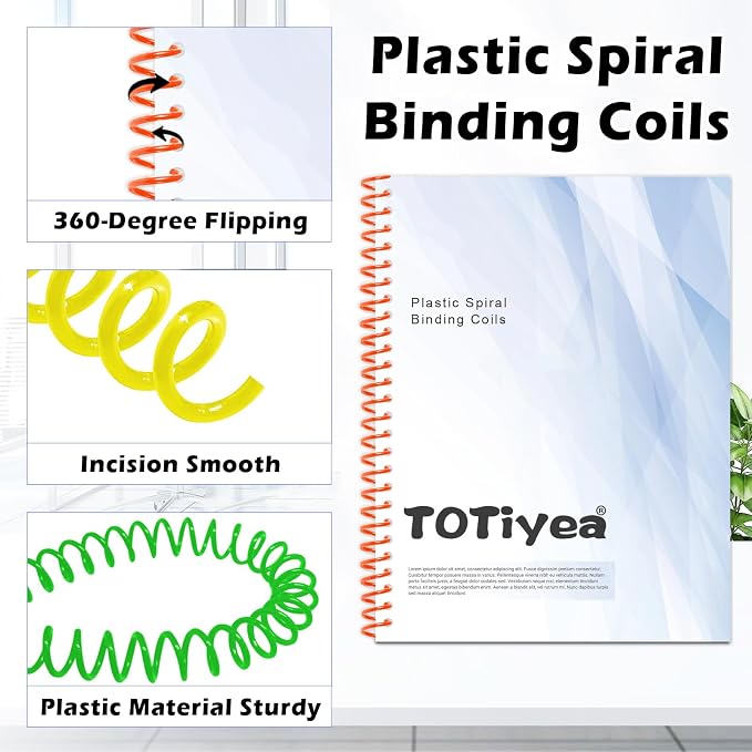 TOTiyea 50 Pack Plastic Spiral Binding Coils,10mm,4:1 Pitch 75 Sheet Capacity | Spiral binding coils,Mix,can be used with letter size (8.5x11") or A4 size paper (8.3x11.7"),bound projects can lay flat