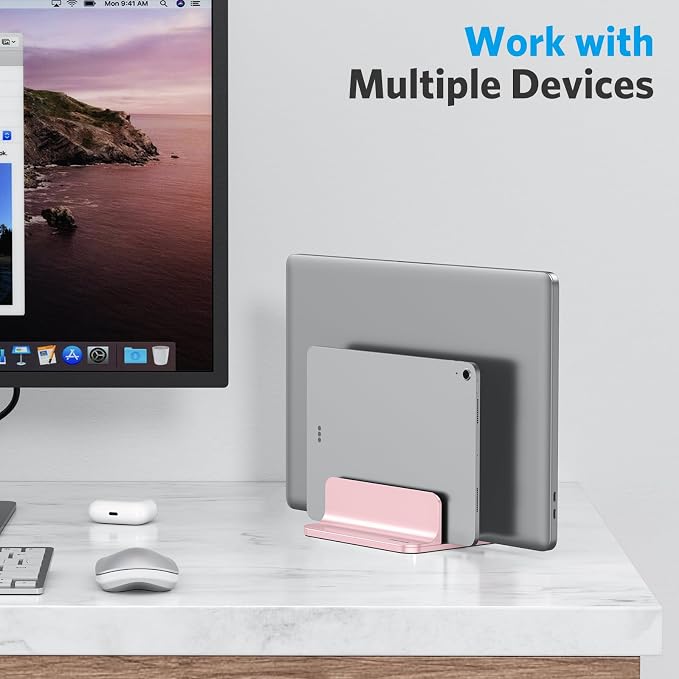 OMOTON Dual Vertical Desk Laptop Stand Holder, Fits MacBook Air, Rose Gold | Aluminum Laptop Storage Rack for Desk, Adjustable Dock for Up to 17.3 in. Gaming Laptop, Space-Saving Desk Organizer