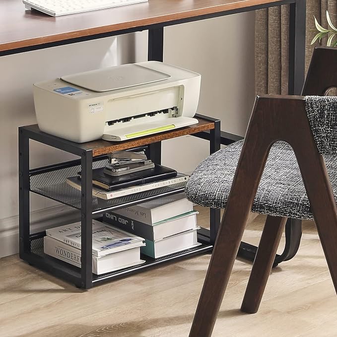YMYNY Desktop Printer Stand, Rustic Brown 17.32 x 13.78 x 11.02 in UHPT001H | 3 Tiers Desk Organizer with Adjustable Storage Shelves, Multi-Purpose Printer Shelf for Home Office, Fax Machine, Scanner