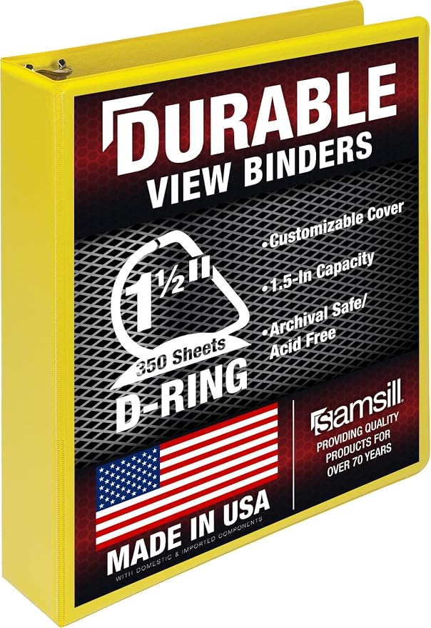 Samsill Durable 1.5 inch 3 Ring Binder, D Ring Binder, 100% Recycled Chipboard, Yellow