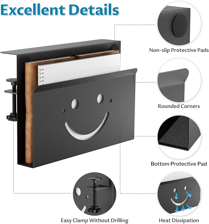Onemake Desk Side Storage, Funny Smile No Drill Laptop Holder, Clamp on Desks Shelf with Magnetic Pen Holder, Hanging Desk Organizer for Home Office, Fits Flat Edge Tables 0.4" to 2.3"