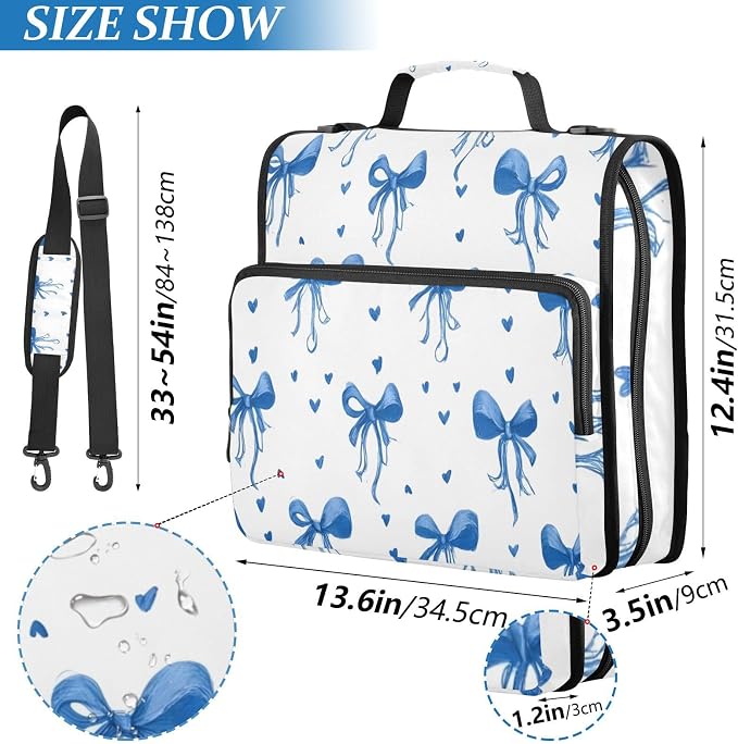 3 Ring Zipper Binder with Shoulder Strap Blue Bows Ribbons Polka Dots 1.5 inch Binders Keeper Large Capacity Multi Pockets for School Office Supplies