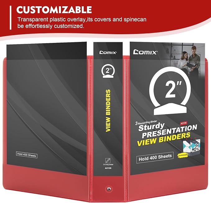 COMIX Sturdy 2 Inch 3 Ring Binder with Clear View Cover | 2"Heavy Duty Round Ring,PVC-Free Board,Holds 450 Letter Sheets,Wholesale for Offices & Classrooms,6 Pack (Red)