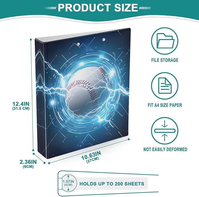 3 Ring Binder Baseball Lightning 1.5" Round Ring Binders View Binder with 200 Sheet for Kids School Supplies Women Men Office, 1 Pack