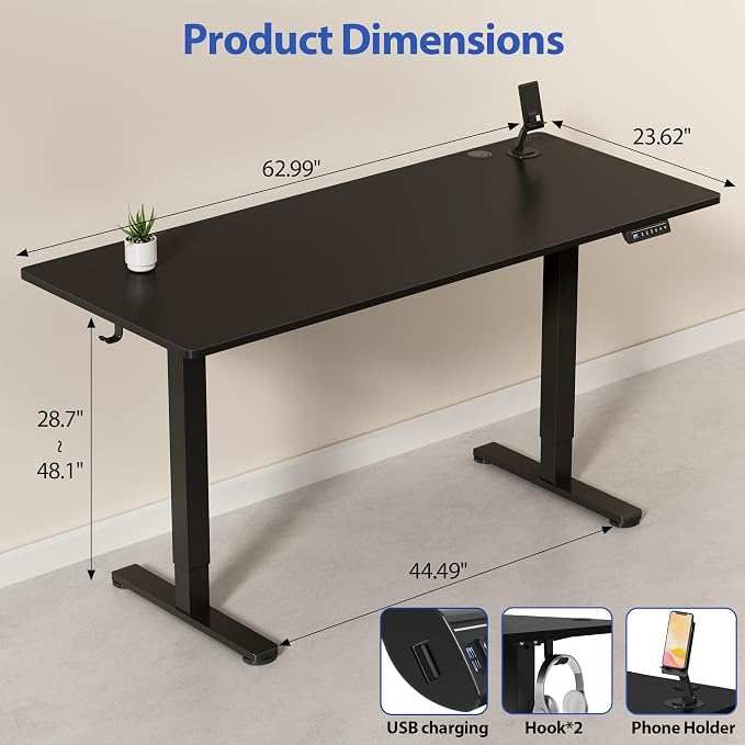 YESHOMY Height Adjustable Electric Standing Desk, 63 x 24 Inches Memory Home Office Sit Stand up Desk with Phone Holder and USB Charging Port, Black