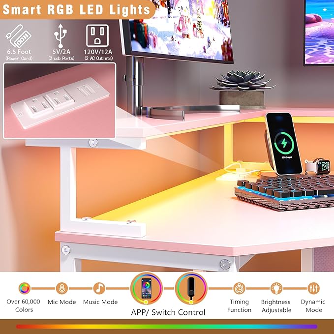 VENNQD Corner Desk with Drawers Shelves for Small Space 90 Degrees Triangle Computer Desk with Power Outlets,Gaming Desk with LED Lights Monitor Stand for Home Office Workstation Writing Table (Pink)