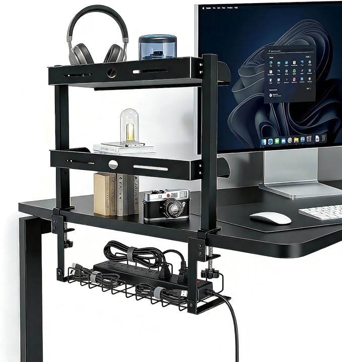 Clamp On Desk Shelf, 17'' 2-Tier Desktop Organizer Shelf with Under-Desk Hidden Storage Basket, Heavy-Duty Desk Shelves for Top of Desk, Space-Saving Desk Storage for Home Office Gaming Setup (Black)