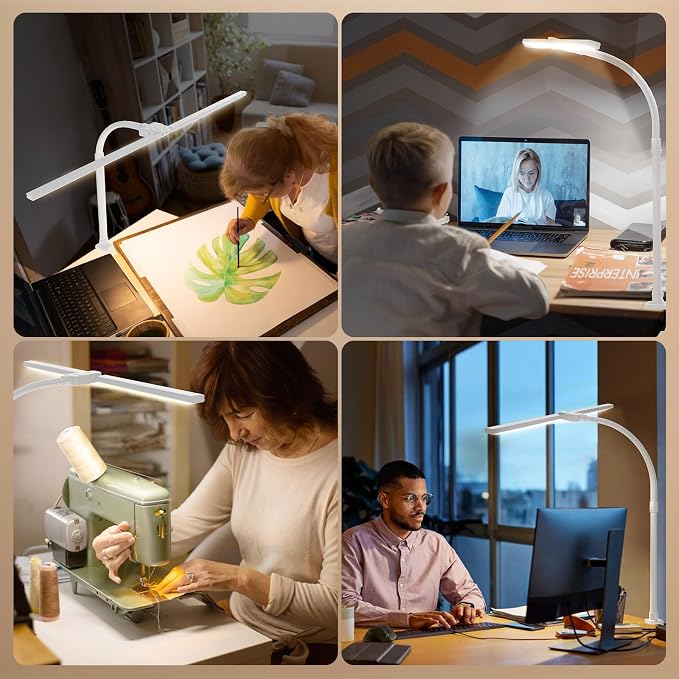 LED Desk Lamp - Bright Dimmable Computer Lamp, 24W Bendable Desk Light for Monitor Screen, Eye-Caring Tall Desktop Light for Task Home Office Work, White, Dual Head