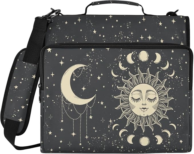 Tarot Sun Moon Goth Zipper Binder File Organizer Bag 3 D-Ring | with Shoulder Strap, Holds 500 Sheets & 14in Laptop, 3 Ring Binder for Office Supplies