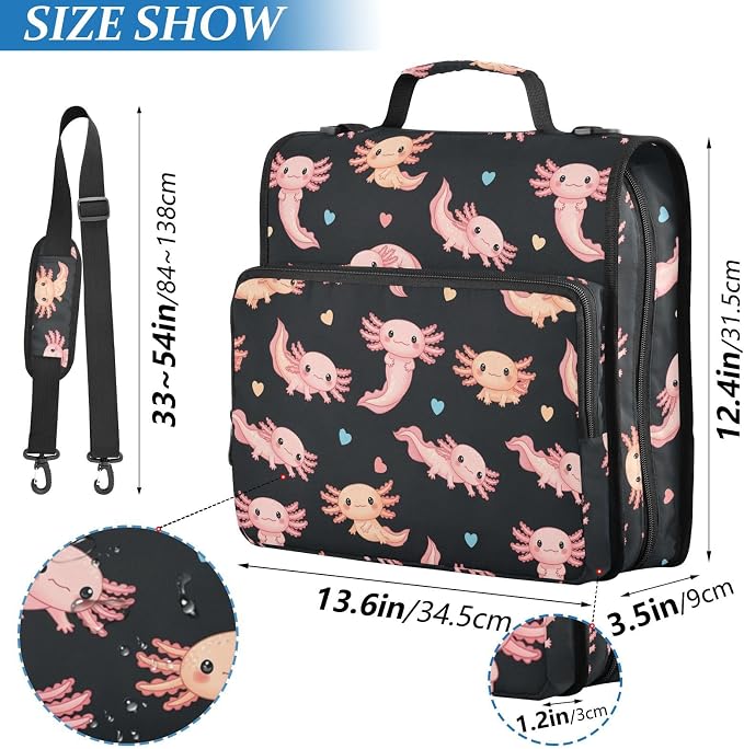Cute Axolotl Black Print Zipper Binder Bag 3 Ring with Shoulder Strap & Handle Multi Pocket Binder Organizer Bag Large Capacity for School Office Supplies