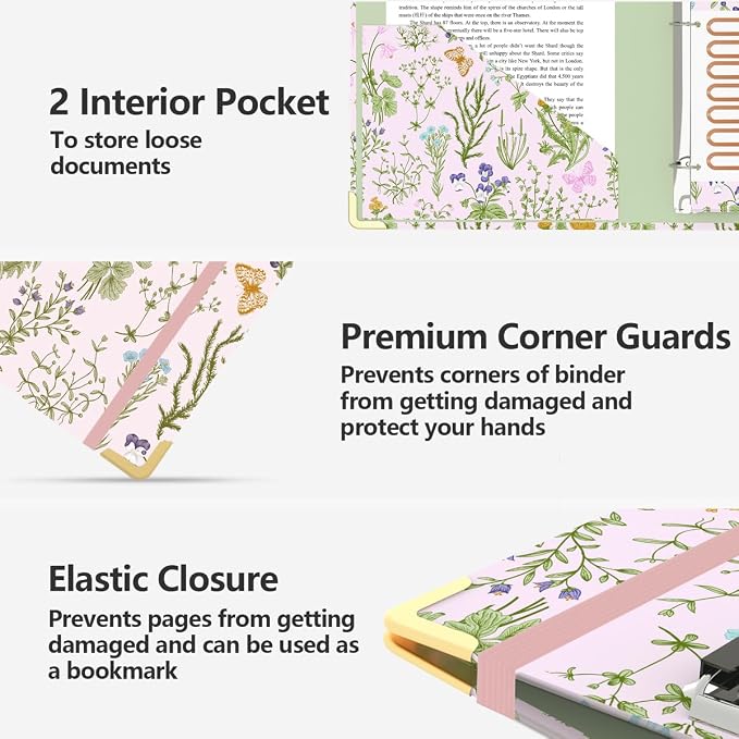 3 Ring Binder 1 Inch, Cute Round Ring Binders with 6 Tab Dividers, Labels Stickers, Low Profile Clipboard with Storage, Fashion Binder School Office Supplies(Wild Flowers)