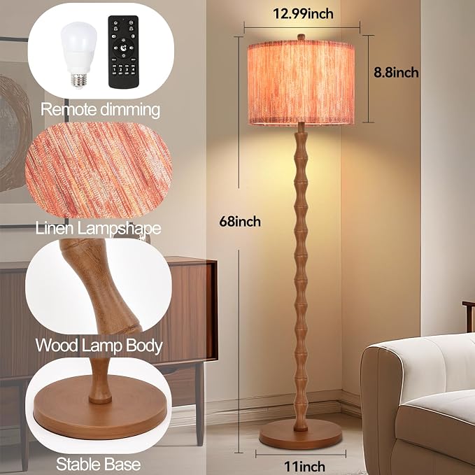 Wood Floor Lamps for Living Room Boho Farmhouse Floor Lamp with Remote Control,Dimmable Vintage Floor Lamp Mid Century Modern Standing Lamp with 3 Color Temperature Tall Floor Lamps For Bedroom Corner