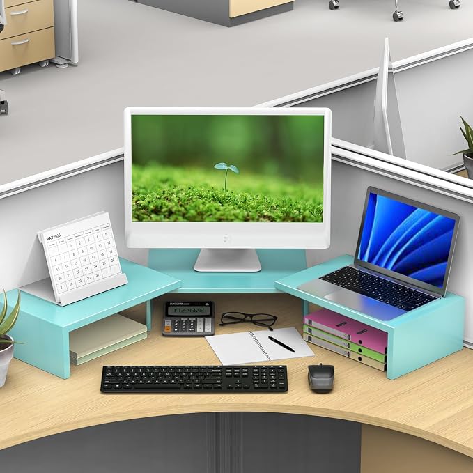 Dual Monitor Stand Riser | Monitor Stand for Desk, Metal Computer Stand, Desk Shelf Riser,Desktop Organizer for Home and Office Use (Blue)