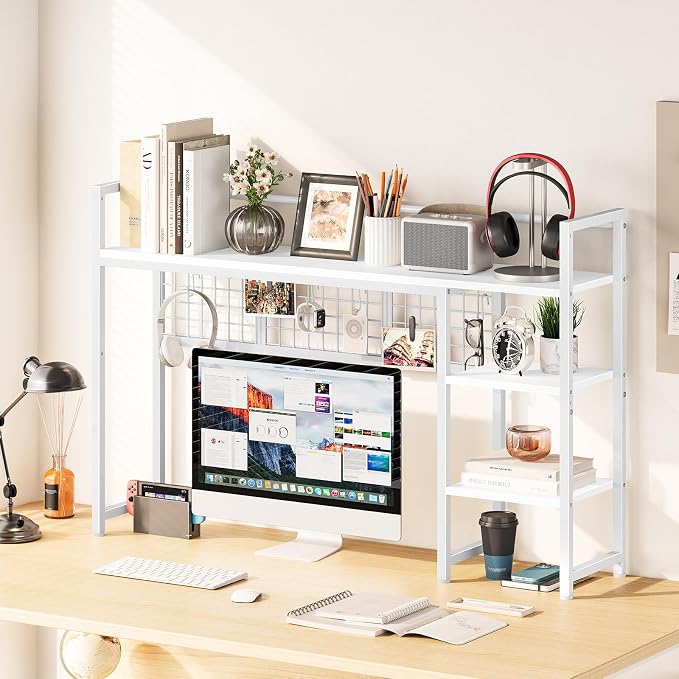Snughome Desk Shelf, 44.9" Desktop Organizer Shelf, Desk Hutch for Computer Monitor, 4 Tier Desk Display Rack with Pegboard Hooks Set, Wood Desktop Bookshelf for Home Office Dorm