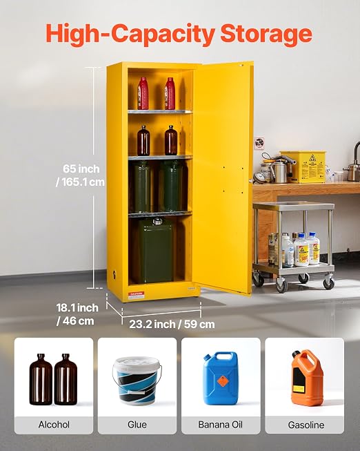 VEVOR Flammable Cabinet 18" x 23" x 65", 23 Gallon Flammable Storage Cabinet with Adjustable Shelf, Cold-Rolled and Galvanized Steel Fire Cabinets, for Commercial Industrial Home Use, Yellow