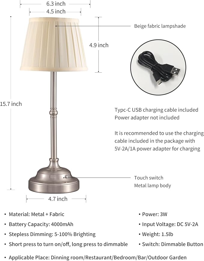 KDG Nickel Cordless LED Table Lamps Set of 2, Green Fabric Shade Desk Lamps | Portable 4000mAh Rechargeable Battery Powered, Dimmable Lighting for Dining Room, Bedroom, Bedside, Night Light, Balcony