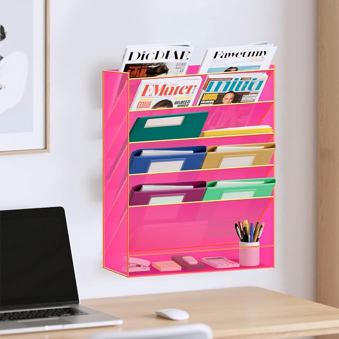 Gelite Hanging File Organizer Acrylic Wall File Holder for Office Vertical Paper Organizer Wall Mounted Magazine Rack, 5 Pockets, Neon Pink
