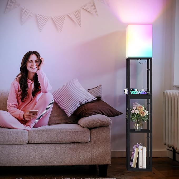 SUNMORY RGB Floor Lamp with Shelves, Solid Wood Shelf Lamps for Living Room | Smart APP RGB Bulb, 1 Drawer & 2 USB Ports & 2 Power Outlet, Modern Standing Lamp, Corner Tall Bookshelf for Bedroom