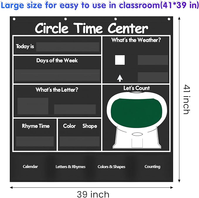 Auchq Circle Time Learning Center Pocket Chart, Heavy-Duty Kids Calendar for Classroom, Educational Pocket Chart Learning Calendar Weather Letter Counting Rhyme Color Shape(Black)