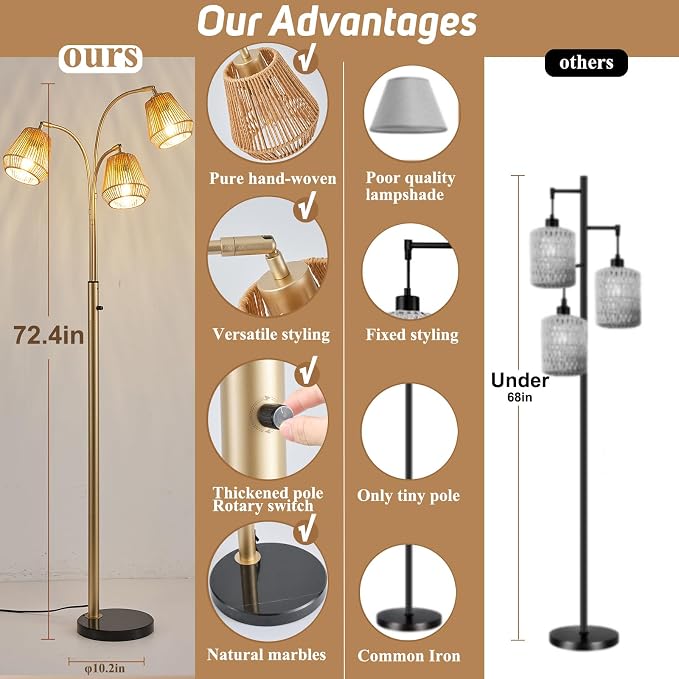 Gold Rattan Floor Lamp for Living Room, 72'' 3-Light Boho Lamp | Heavy Natural Marble Base, 1/2/3-Light Rotary Switch, Wicker Shades for Reading Corners Bedrooms