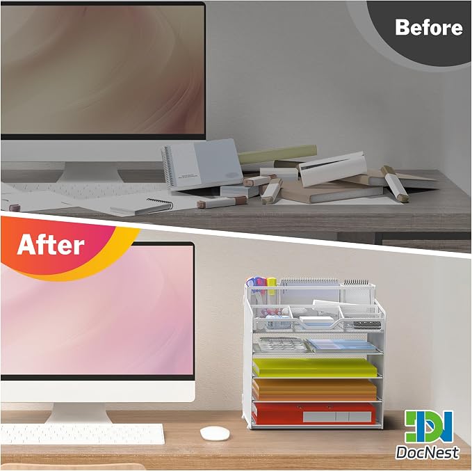Docnest 5 Tier Mesh Desk Organizer with Letter Tray & Paper Sorter, White | Features 3 built-in pen holders & 5 adjustable compartments on top. Includes 4 non-slip rubber feet for desk protection