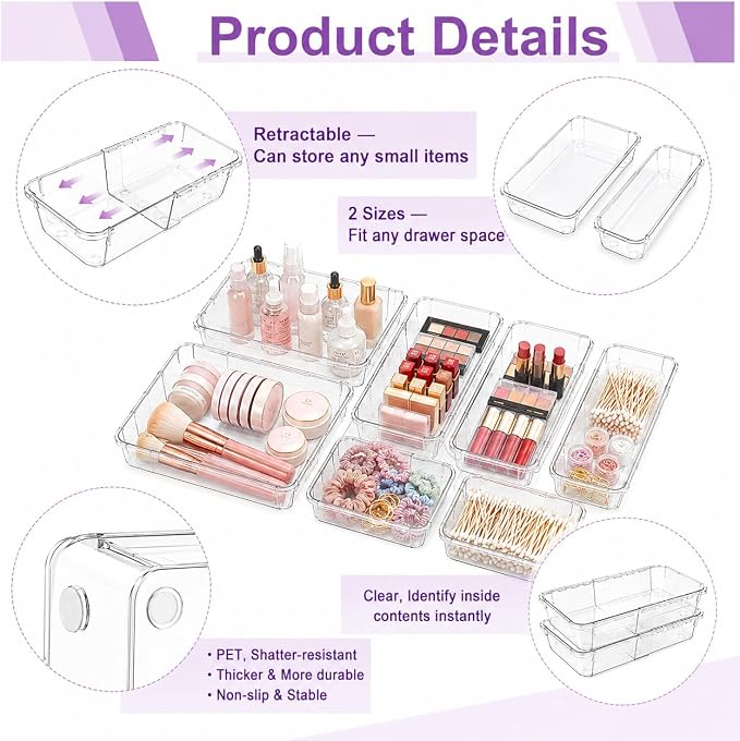 Clear Expandable Drawer Organizer Set, 16PCS Adjustable Drawer Organizers for Makeup, Cosmetics, Jewelry, Skincare, Bathroom, Kitchen & Dresser Storage, Transparent PET Drawer Storage Bins, 2 Sizes