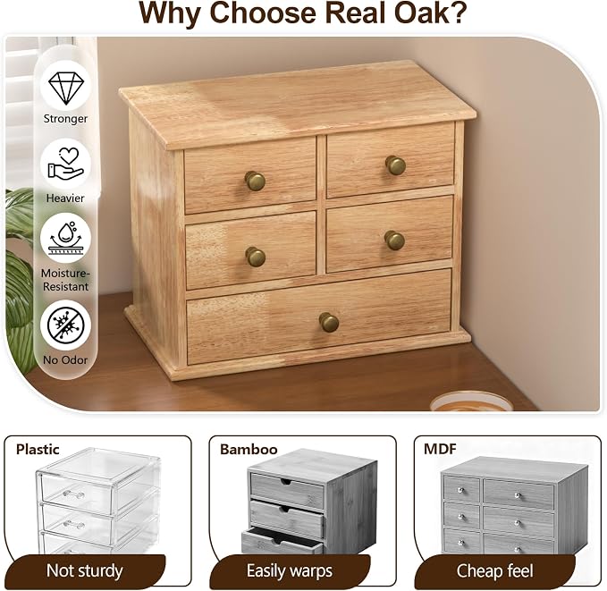 Oak Desk Organizer with Drawers, Durable Wooden Desktop Storage Box | 5 Drawer Tabletop Organizer with Metal Handle & Non-Slip Pad for Office, Bedroom, Bathroom, Vanity, Makeup, Light Burnt Brown