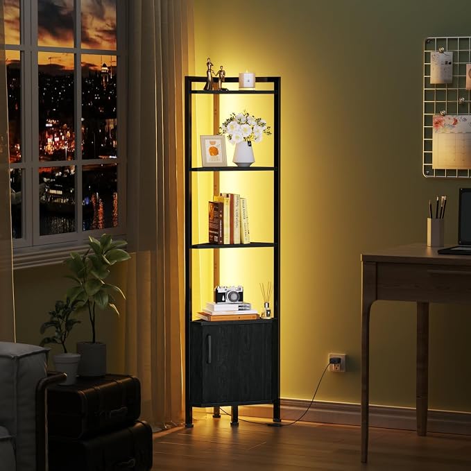 5-Tier Corner Shelf with LED Light,Black Corner Cabinet with Doors | 62.8”Tall Corner Bookshelf with Storage Rack for Bedroom,Living Room,Kitchen,Metal Frame,Wood Display Shelf,Easy to Assemble
