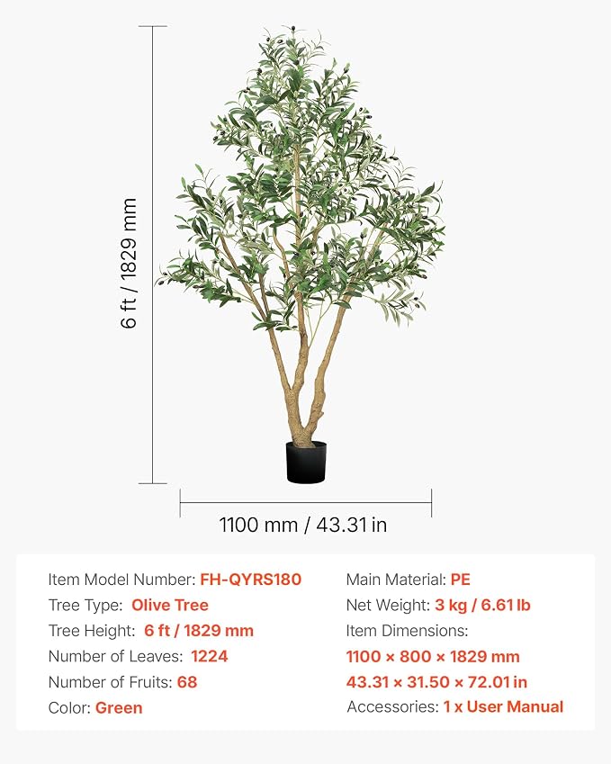 VEVOR 6FT Artificial Olive Tree with Black Pot, Tall Fake Tree with Natural Wood Trunk & Realistic Green Leaves and Fruits, Indoor Faux Plant for Home, Office, Living Room, Corner Decor